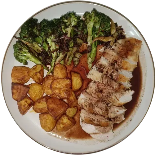 Roast Chicken with Crispy Potatoes, Broccoli & Red Wine Jus