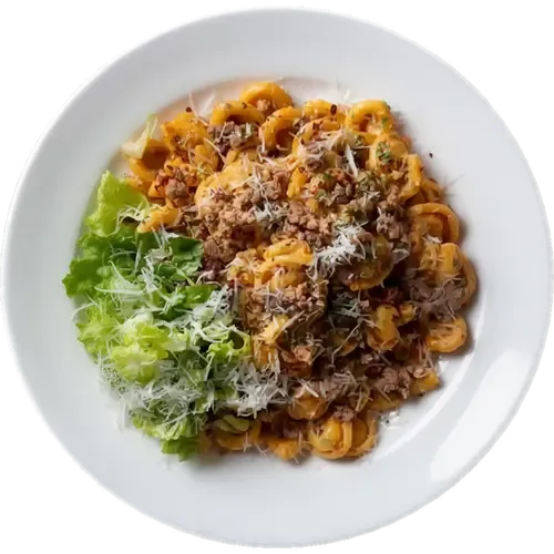 Creamy Beef and Pecorino Pasta with Side Salad